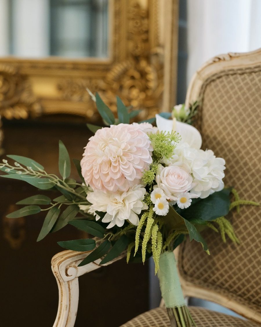 Bridal bouquet of blush dahlias, ivory roses and soft greenery